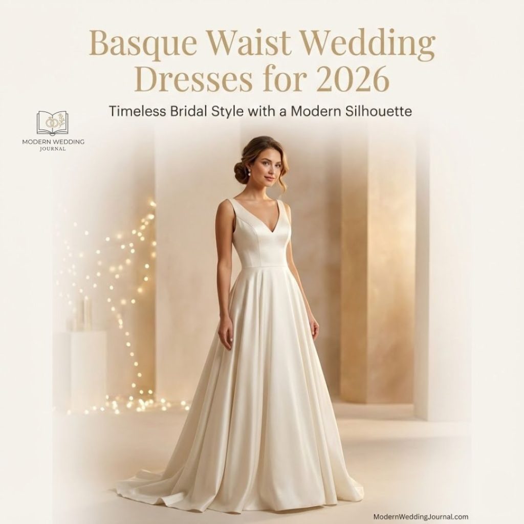 Bride wearing a basque waist wedding dress with a flowing skirt, showcasing a classic and modern bridal silhouette for 2026 weddings.